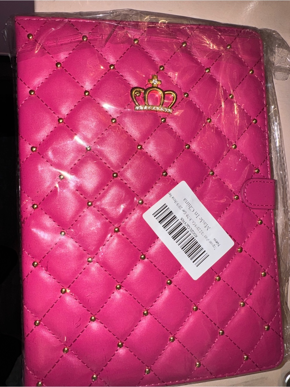 iPad 10 2019 7th Gen 2019 Pink Quilted Tablet Case with Gold Crown Accent